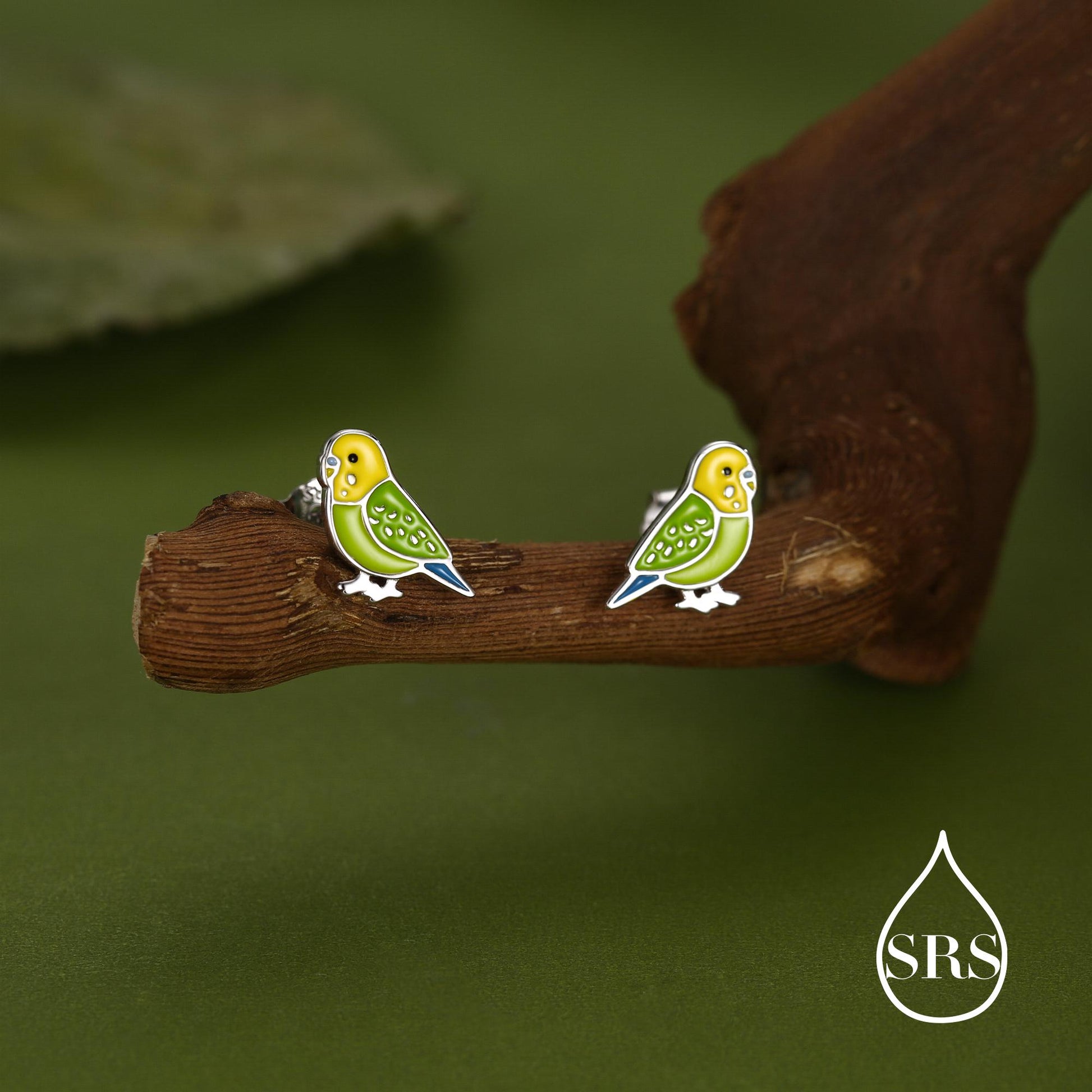 Sterling Silver Green Enamel Budgie Stud Earring, Pet parakeets Earrings, Nature-Inspired Animal Earring, Parrot Earrings