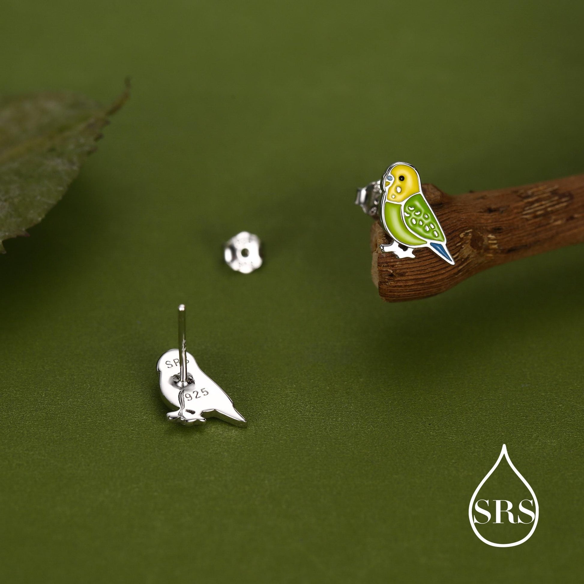 Sterling Silver Green Enamel Budgie Stud Earring, Pet parakeets Earrings, Nature-Inspired Animal Earring, Parrot Earrings