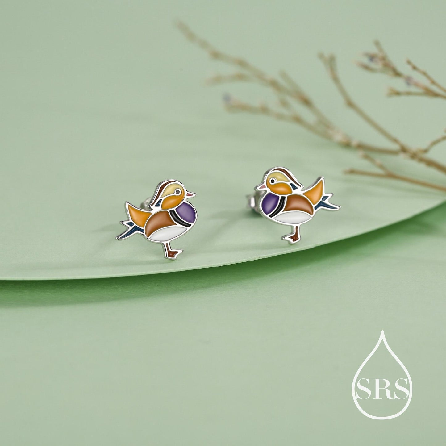 Mandarin Duck Enamel Stud Earrings in Sterling Silver, Colourful Bird Earrings, Cute and Full of Charm, Nature Inspired Animal Jewellery