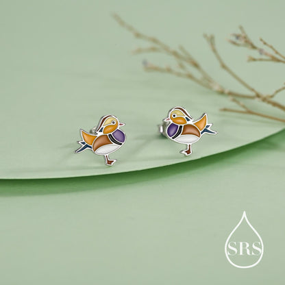 Mandarin Duck Enamel Stud Earrings in Sterling Silver, Colourful Bird Earrings, Cute and Full of Charm, Nature Inspired Animal Jewellery