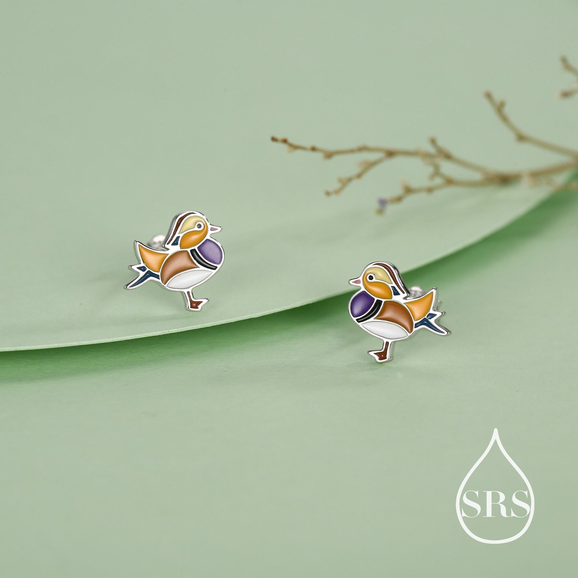 Mandarin Duck Enamel Stud Earrings in Sterling Silver, Colourful Bird Earrings, Cute and Full of Charm, Nature Inspired Animal Jewellery