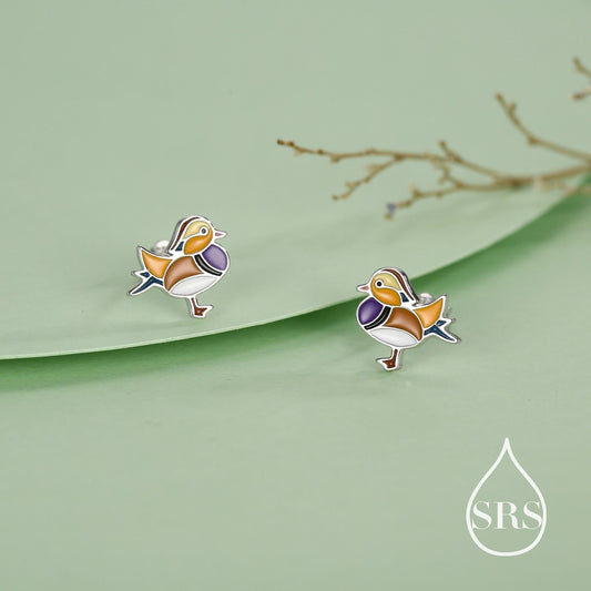 Mandarin Duck Enamel Stud Earrings in Sterling Silver, Colourful Bird Earrings, Cute and Full of Charm, Nature Inspired Animal Jewellery