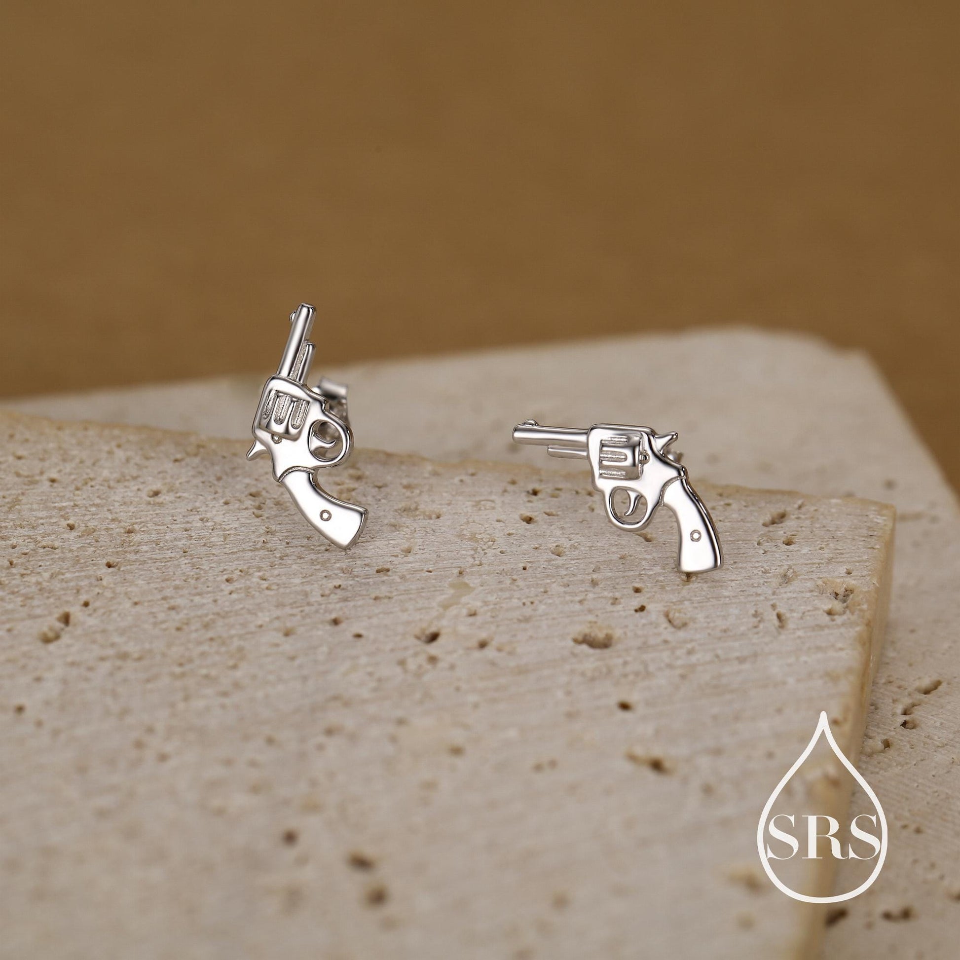 Sterling Silver Pistol Stud Earrings, Also in Gold and Rose Gold Finish, Cowboy Pistol Earrings, Quirky, and Full of Character