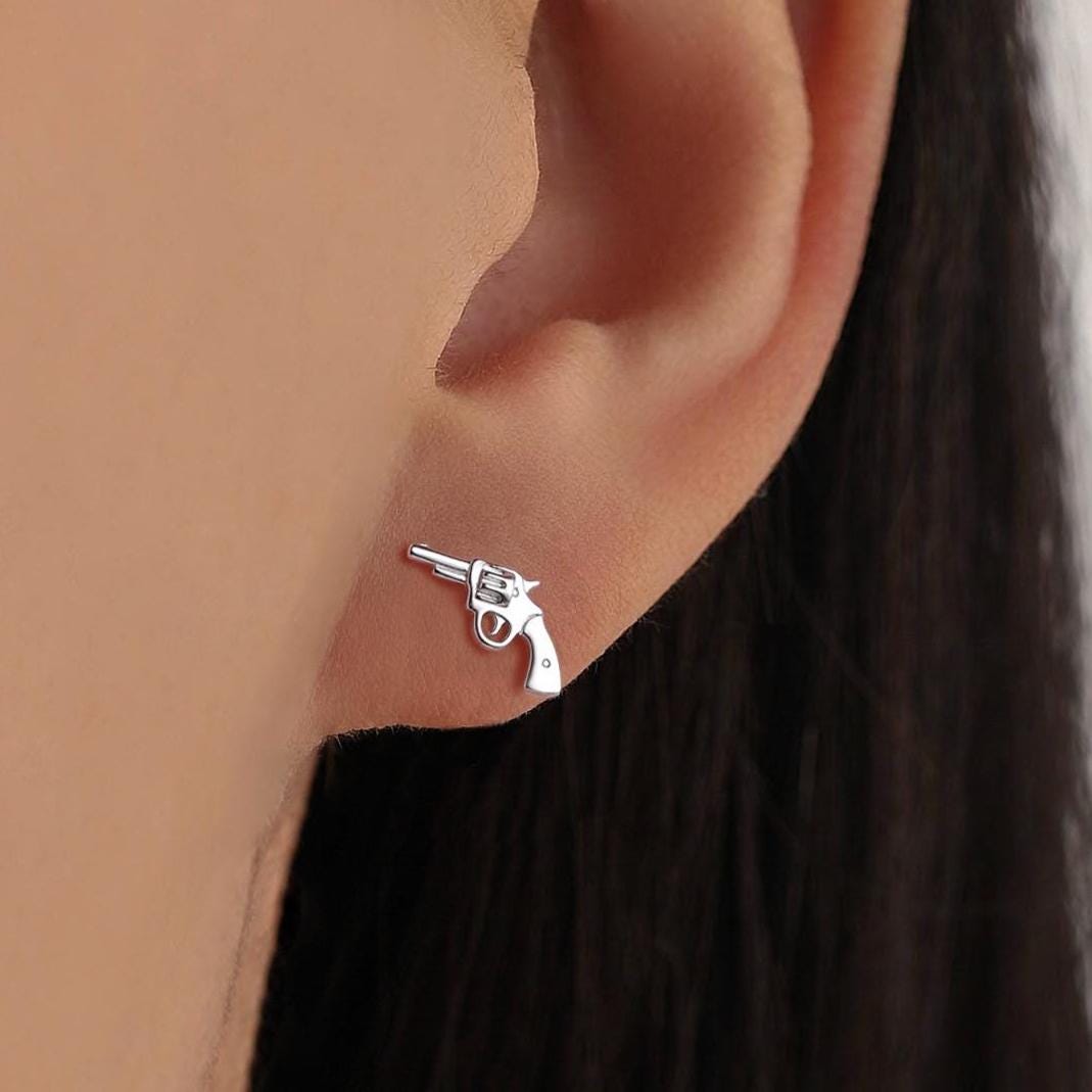 Sterling Silver Revolver Gun 18G Screw Back Stud Earrings