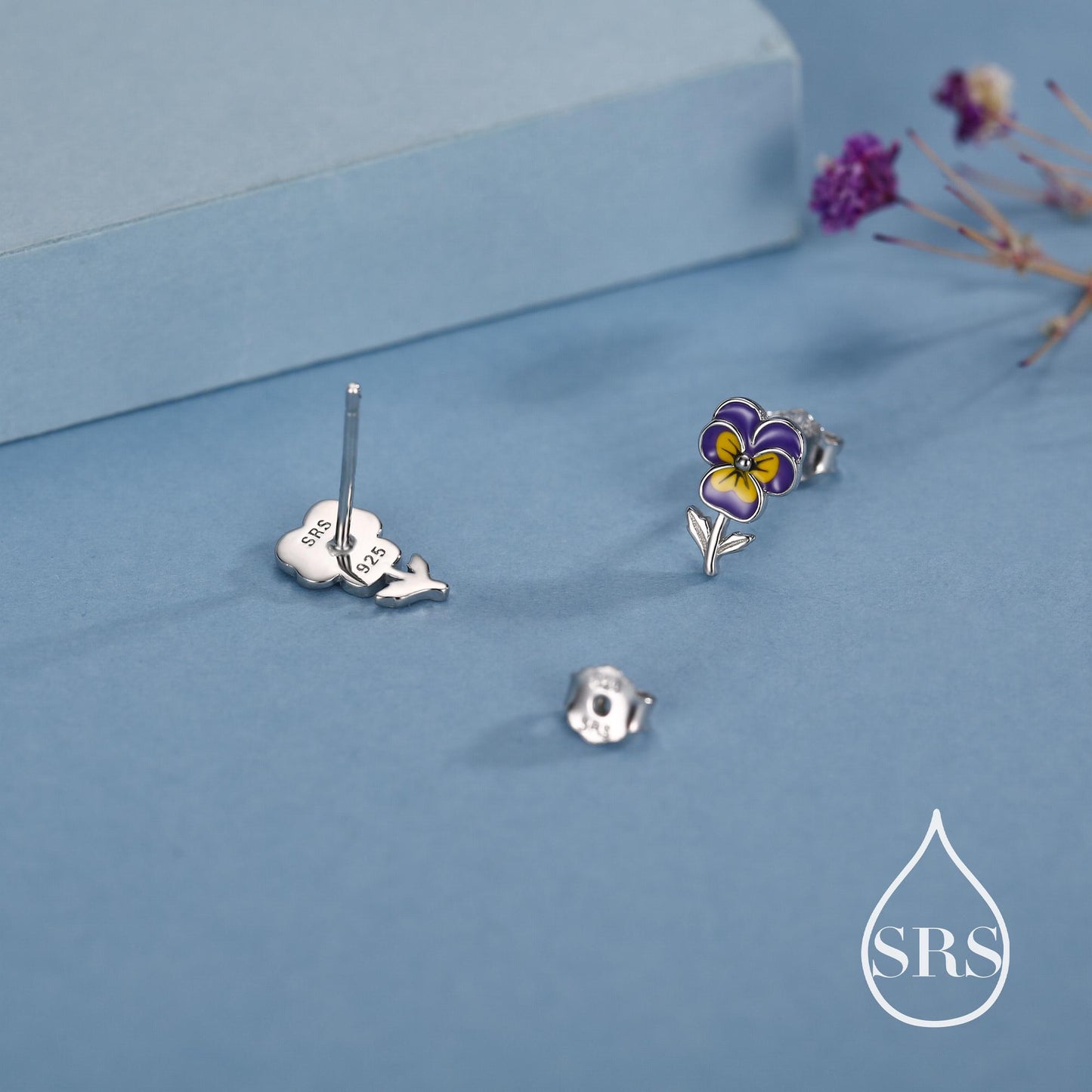 Pansy Enamel Stud Earrings in Sterling Silver, Colourful, Sweetly Detailed Flower Earrings, Nature-Inspired Jewellery