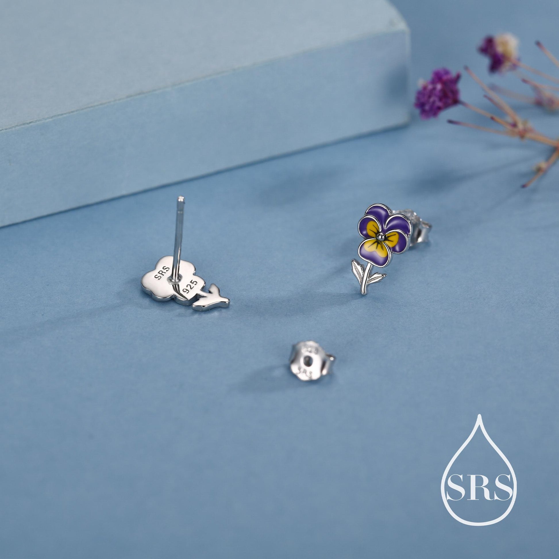 Pansy Enamel Stud Earrings in Sterling Silver, Colourful, Sweetly Detailed Flower Earrings, Nature-Inspired Jewellery