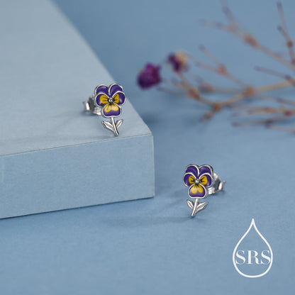 Pansy Enamel Stud Earrings in Sterling Silver, Colourful, Sweetly Detailed Flower Earrings, Nature-Inspired Jewellery