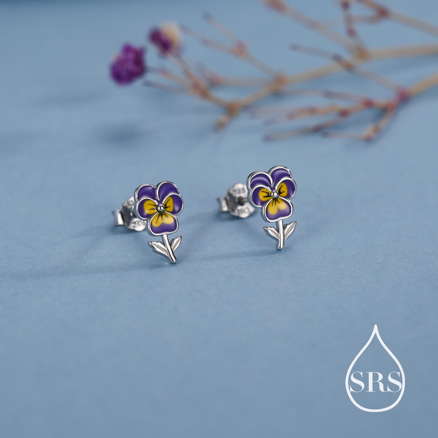 Pansy Enamel Stud Earrings in Sterling Silver, Colourful, Sweetly Detailed Flower Earrings, Nature-Inspired Jewellery