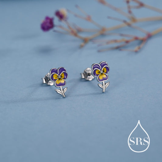 Pansy Enamel Stud Earrings in Sterling Silver, Colourful, Sweetly Detailed Flower Earrings, Nature-Inspired Jewellery