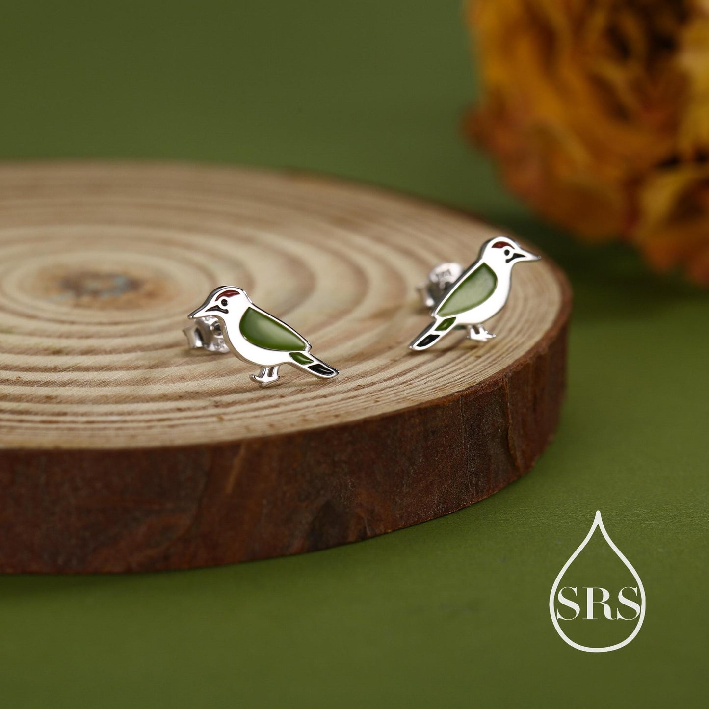 Green Woodpecker Enamel Stud Earrings in Sterling Silver, Colourful Bird Earrings, Cute and Full of Charm, Nature Inspired Animal Jewellery