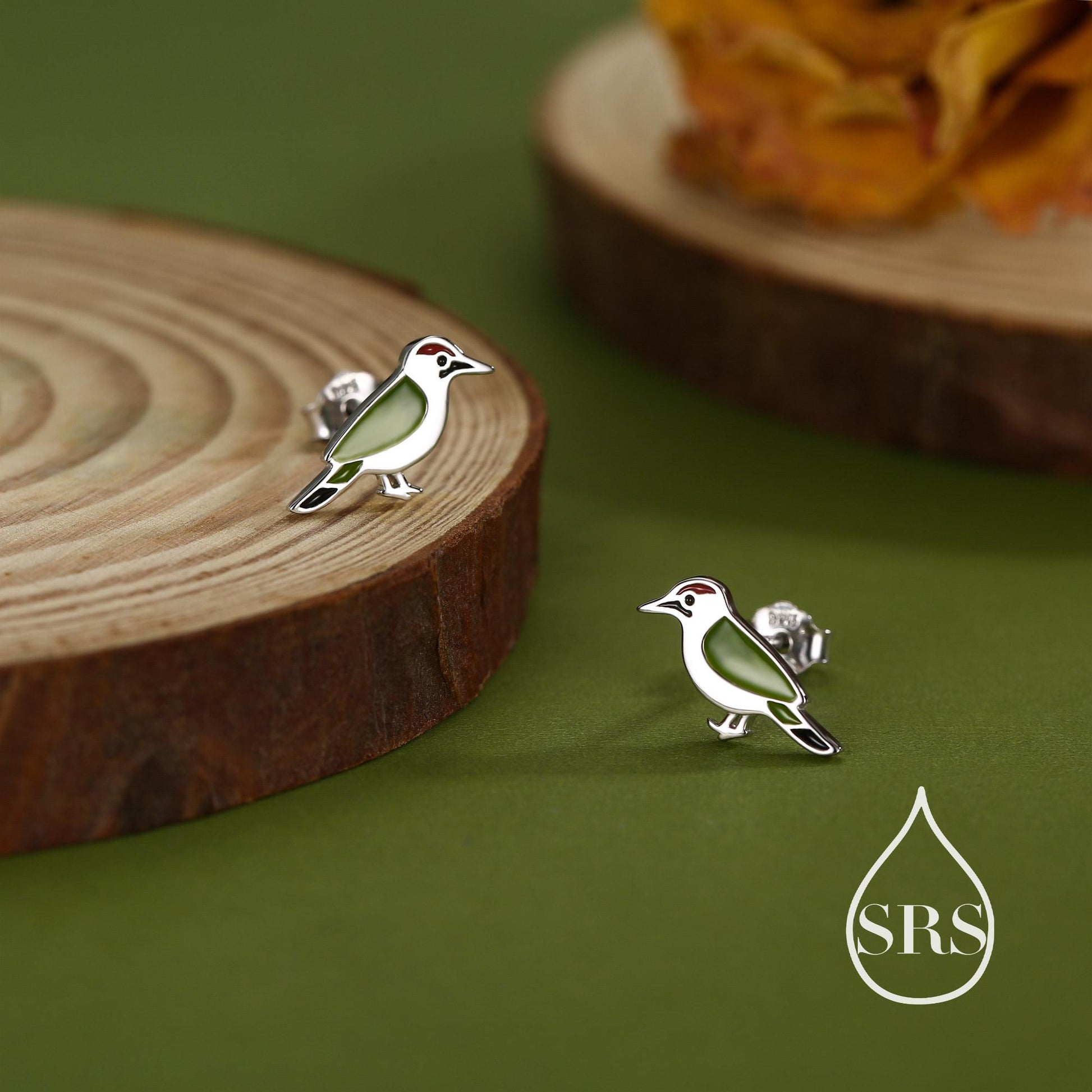 Green Woodpecker Enamel Stud Earrings in Sterling Silver, Colourful Bird Earrings, Cute and Full of Charm, Nature Inspired Animal Jewellery