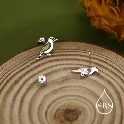 Green Woodpecker Enamel Stud Earrings in Sterling Silver, Colourful Bird Earrings, Cute and Full of Charm, Nature Inspired Animal Jewellery