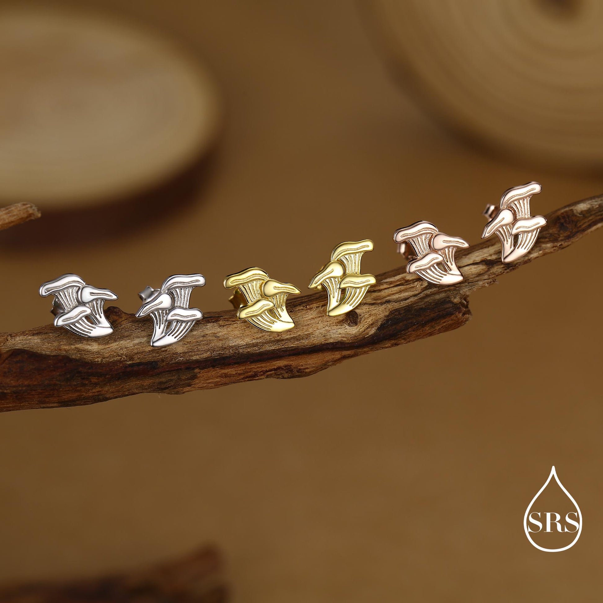 Chanterelle Mushroom Stud Earrings in Sterling Silver, also in Gold or Rose Gold Finish, Small Mushroom Earrings