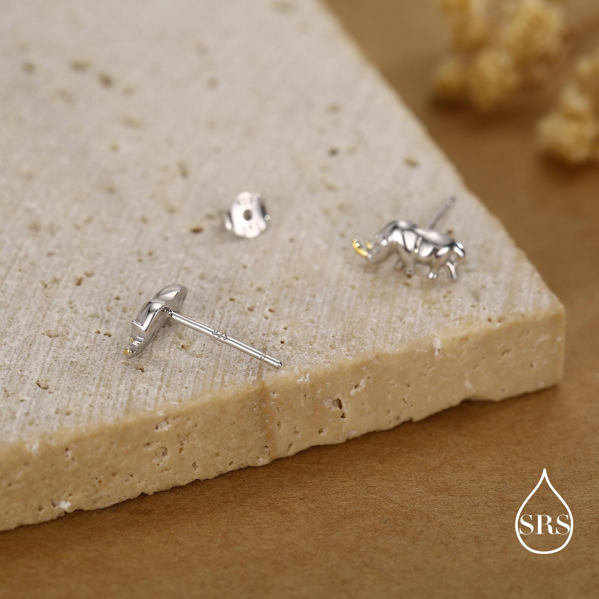 Rhino Stud Earrings in Sterling Silver, Rhinoceros Stud, Safari Earrings, Africa, Nature Inspired, Two Tone Earrings