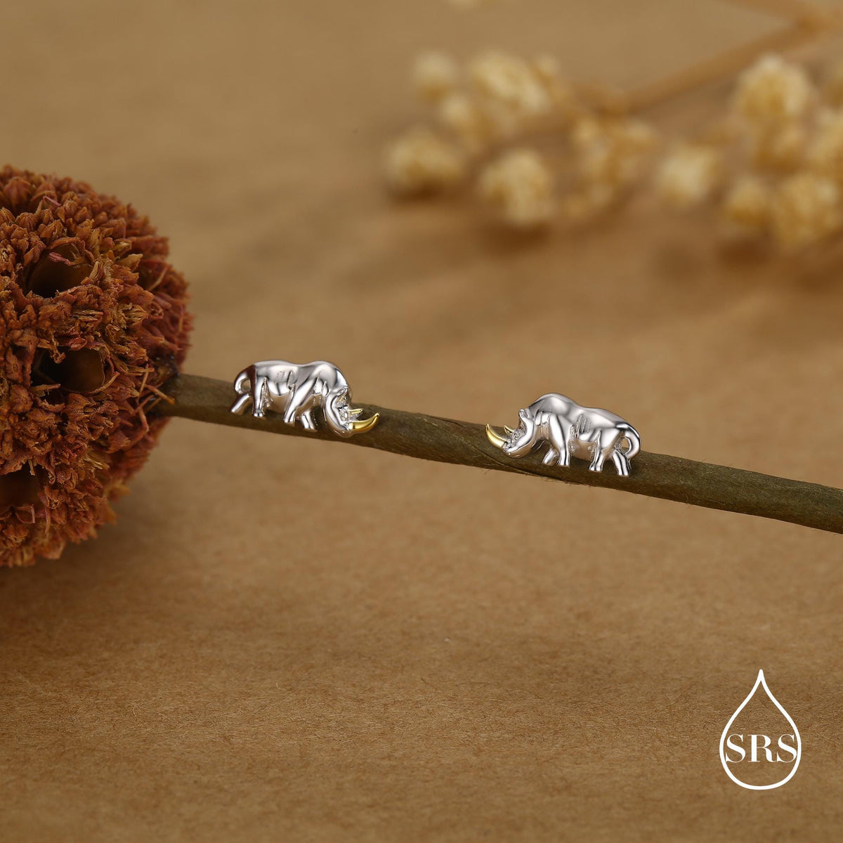 Rhino Stud Earrings in Sterling Silver, Rhinoceros Stud, Safari Earrings, Africa, Nature Inspired, Two Tone Earrings
