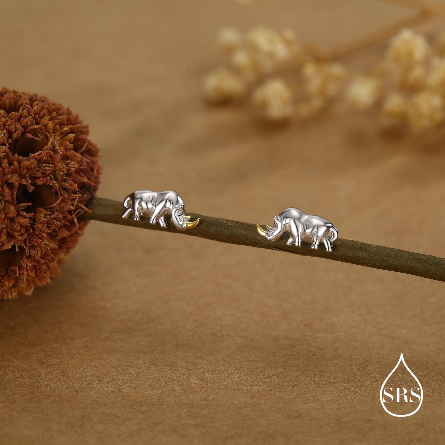 Rhino Stud Earrings in Sterling Silver, Rhinoceros Stud, Safari Earrings, Africa, Nature Inspired, Two Tone Earrings