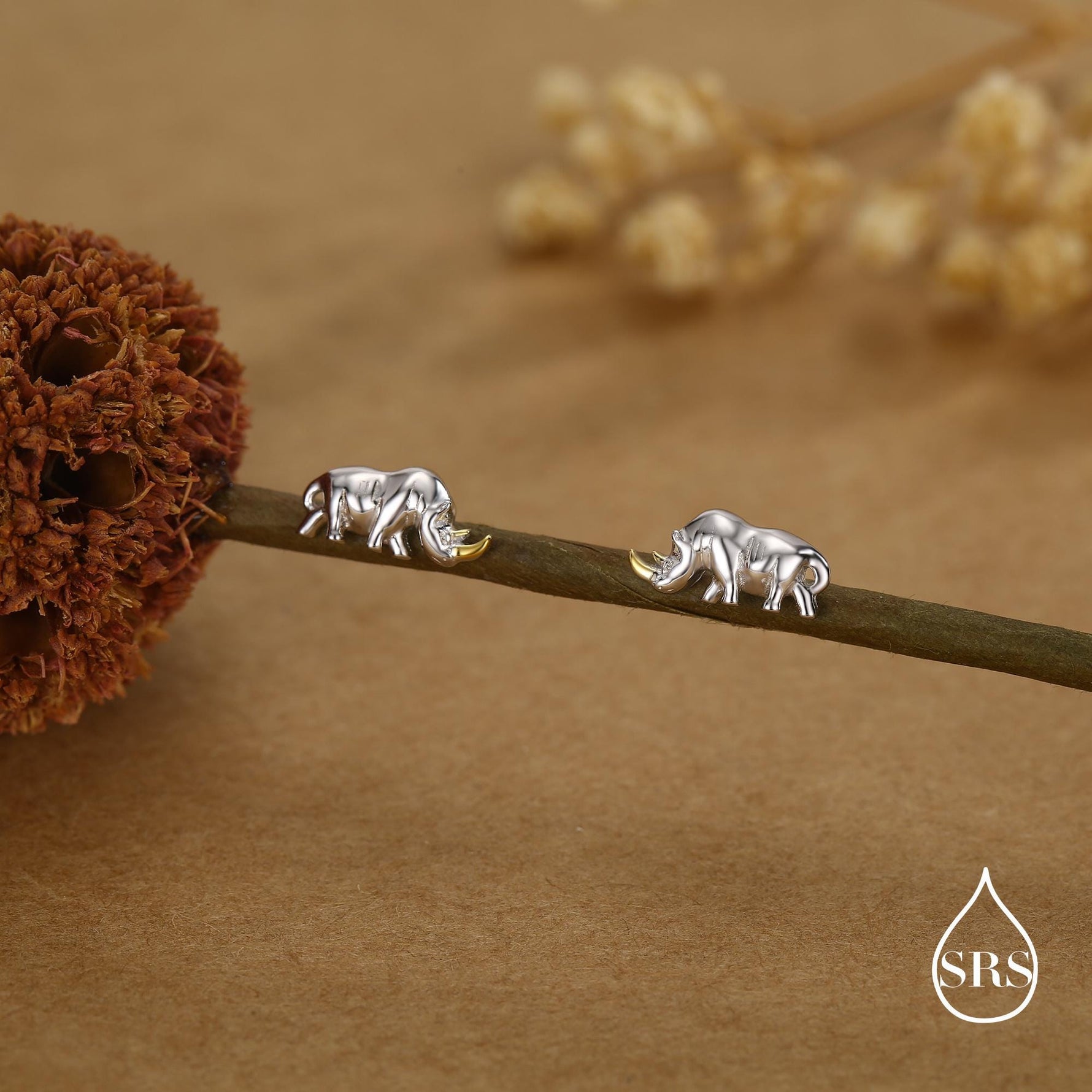 Rhino Stud Earrings in Sterling Silver, Rhinoceros Stud, Safari Earrings, Africa, Nature Inspired, Two Tone Earrings