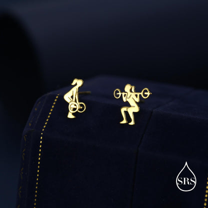 Strong Girl Barbell Stud Earrings in Sterling Silver, Deadlift & Squat Stud Earrings, Powerlifter Earrings