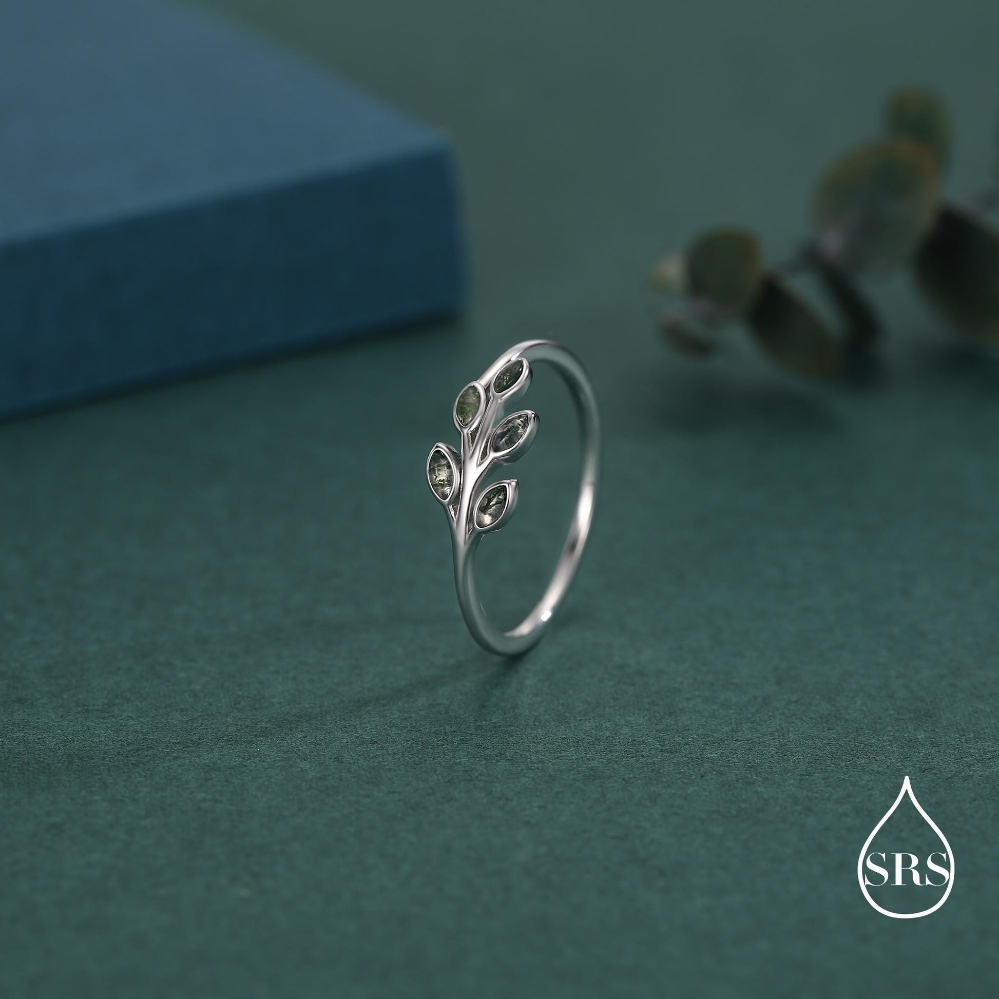 Silver Olive Branch Ring with Moss Agate, Silver or Gold, US 5 - 8 Olive Leaf Ring, Botanical Ring