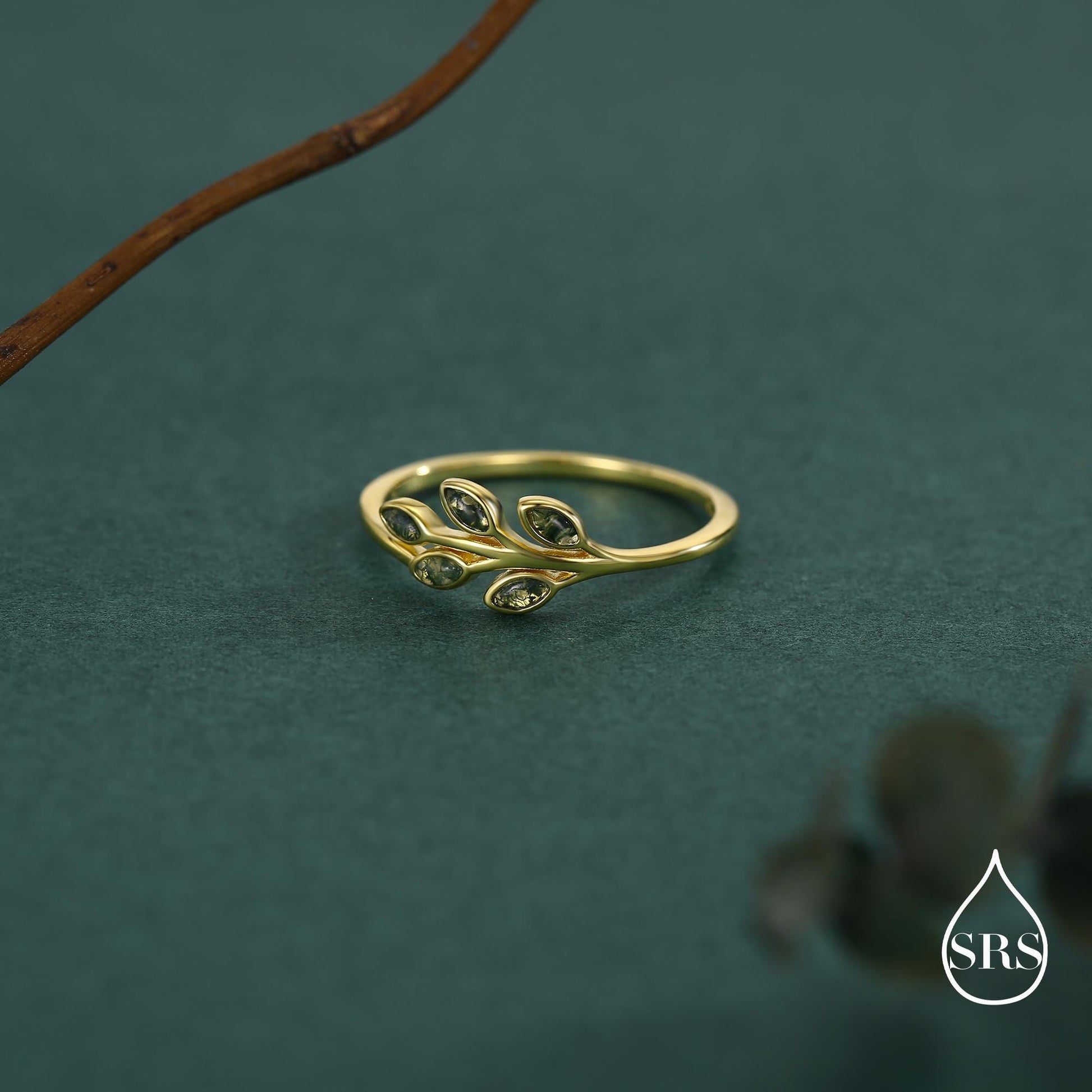 Silver Olive Branch Ring with Moss Agate, Silver or Gold, US 5 - 8 Olive Leaf Ring, Botanical Ring