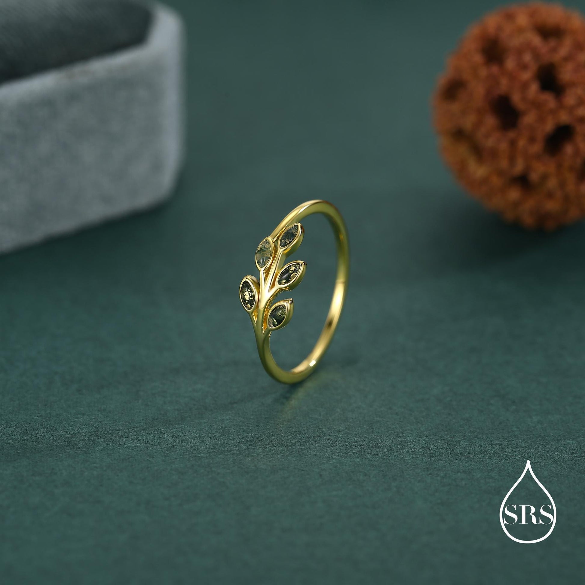 Silver Olive Branch Ring with Moss Agate, Silver or Gold, US 5 - 8 Olive Leaf Ring, Botanical Ring