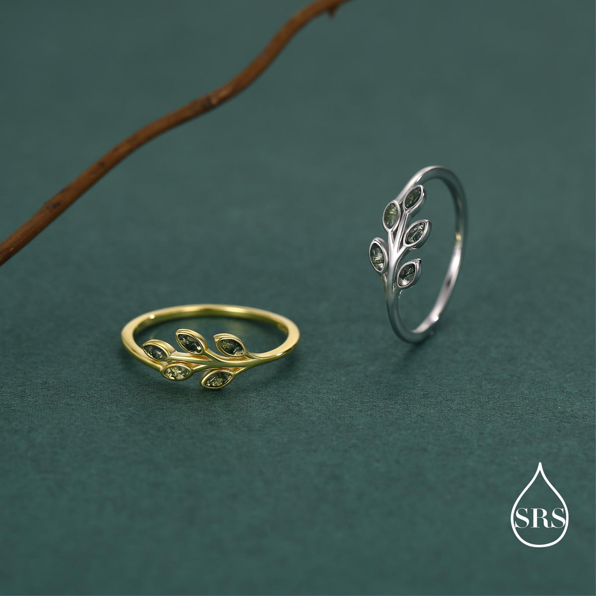 Sterling Silver Olive Branch Ring with Moss Agate, Silver or Gold, US 5 - 8 Olive Leaf Ring, Botanical Ring