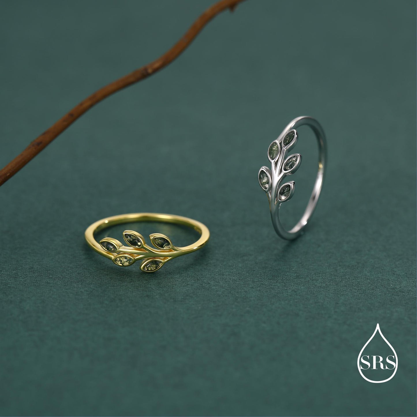 Silver Olive Branch Ring with Moss Agate, Silver or Gold, US 5 - 8 Olive Leaf Ring, Botanical Ring