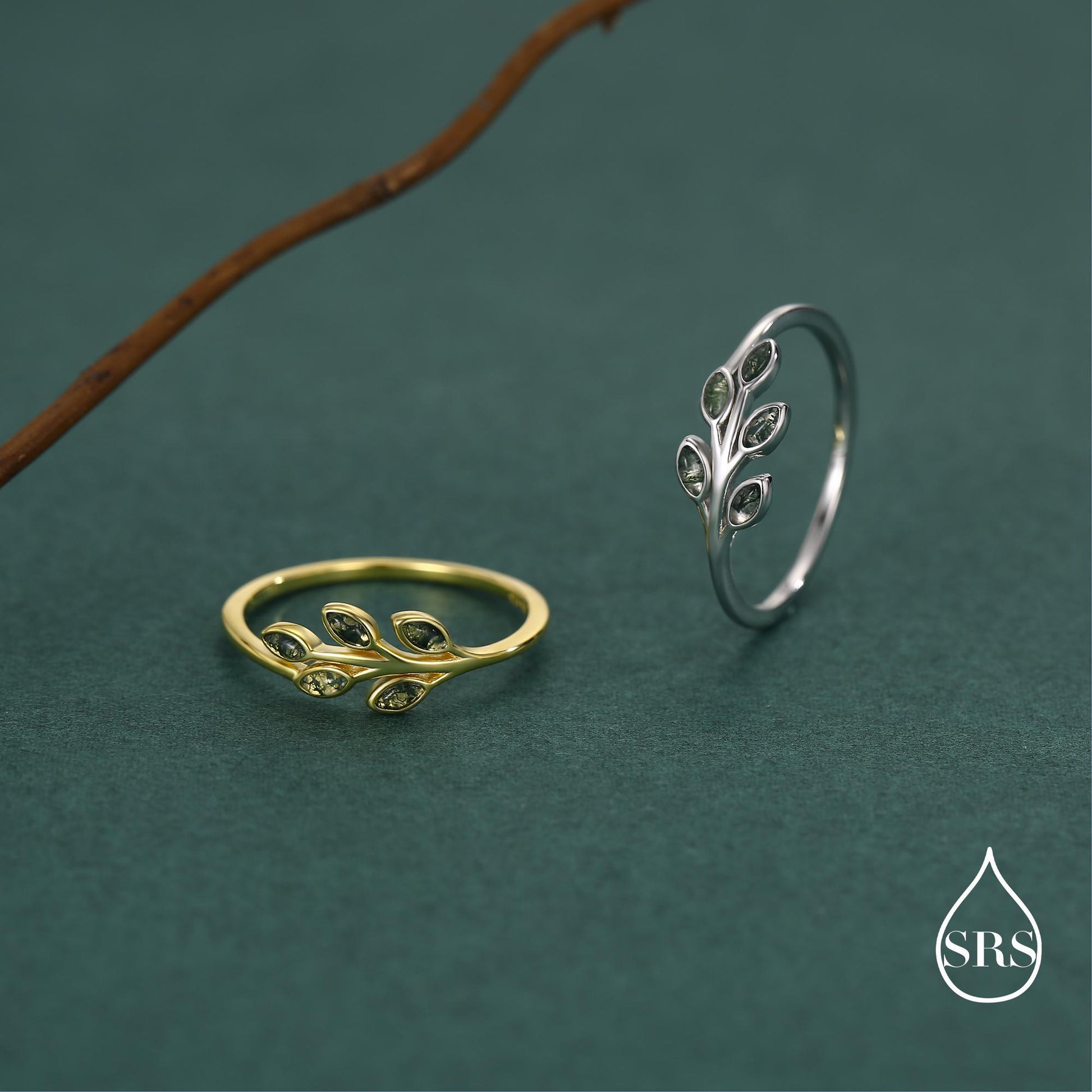Silver Olive Branch Ring with Moss Agate, Silver or Gold, US 5 - 8 Olive Leaf Ring, Botanical Ring