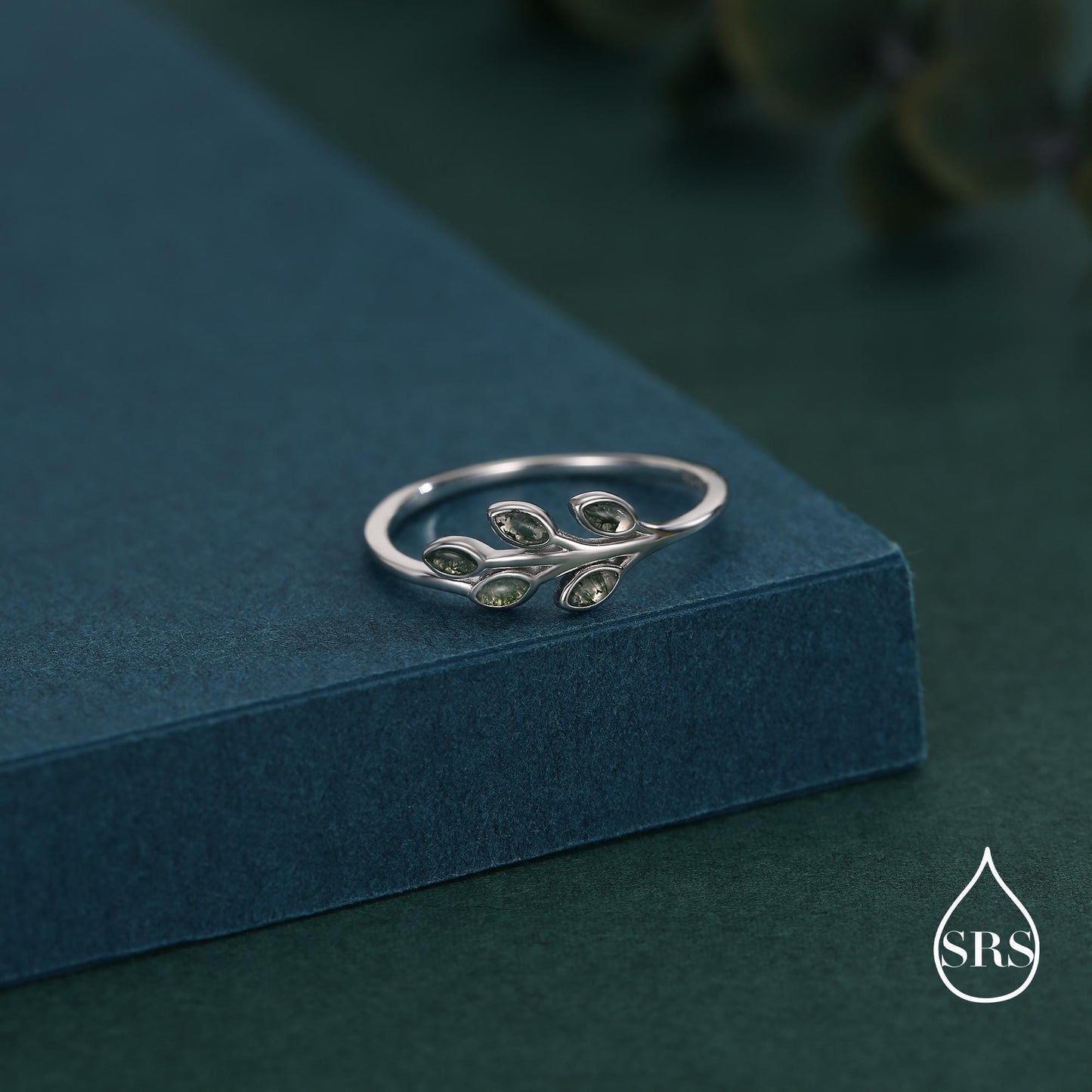 Silver Olive Branch Ring with Moss Agate, Silver or Gold, US 5 - 8 Olive Leaf Ring, Botanical Ring