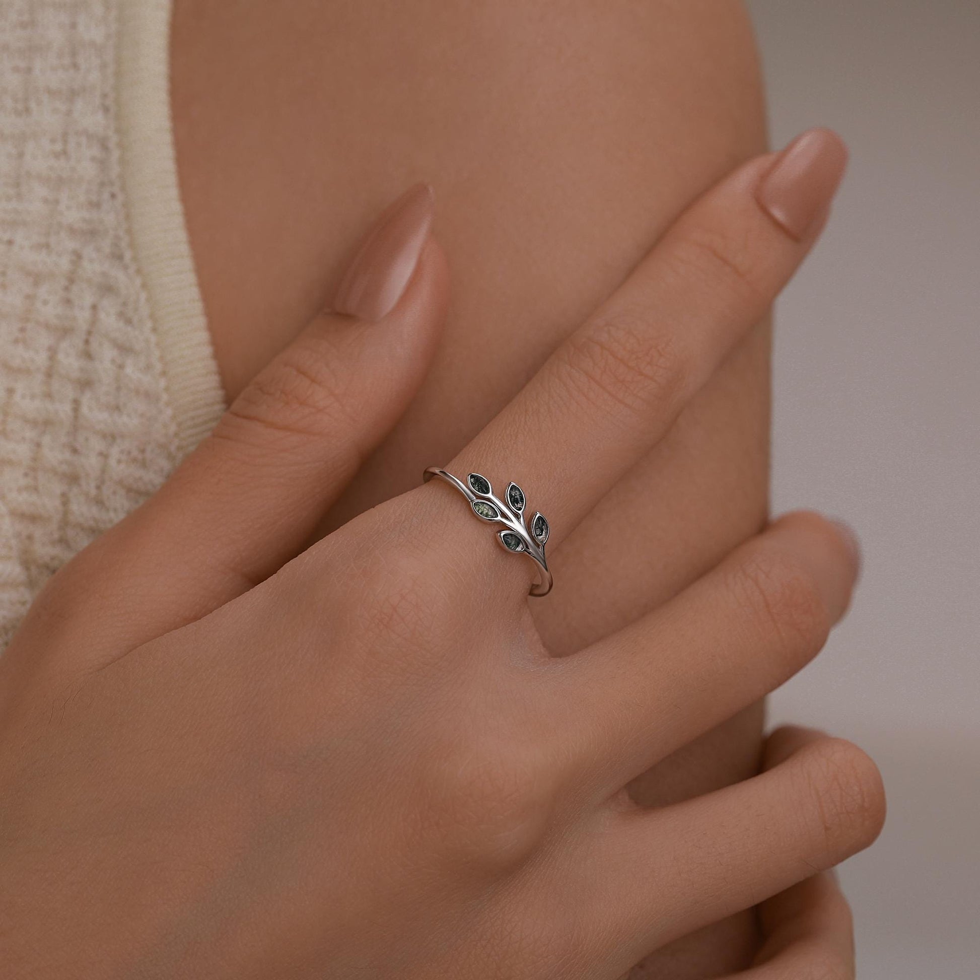 Silver Olive Branch Ring with Moss Agate, Silver or Gold, US 5 - 8 Olive Leaf Ring, Botanical Ring