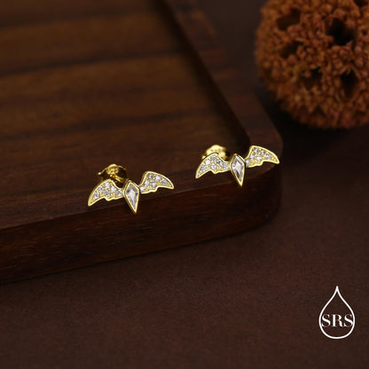 CZ Crystal Bat Stud Earrings in Sterling Silver, Silver or Gold, Rhombus Bat Earrings, Stacking Earrings, Animal Earrings