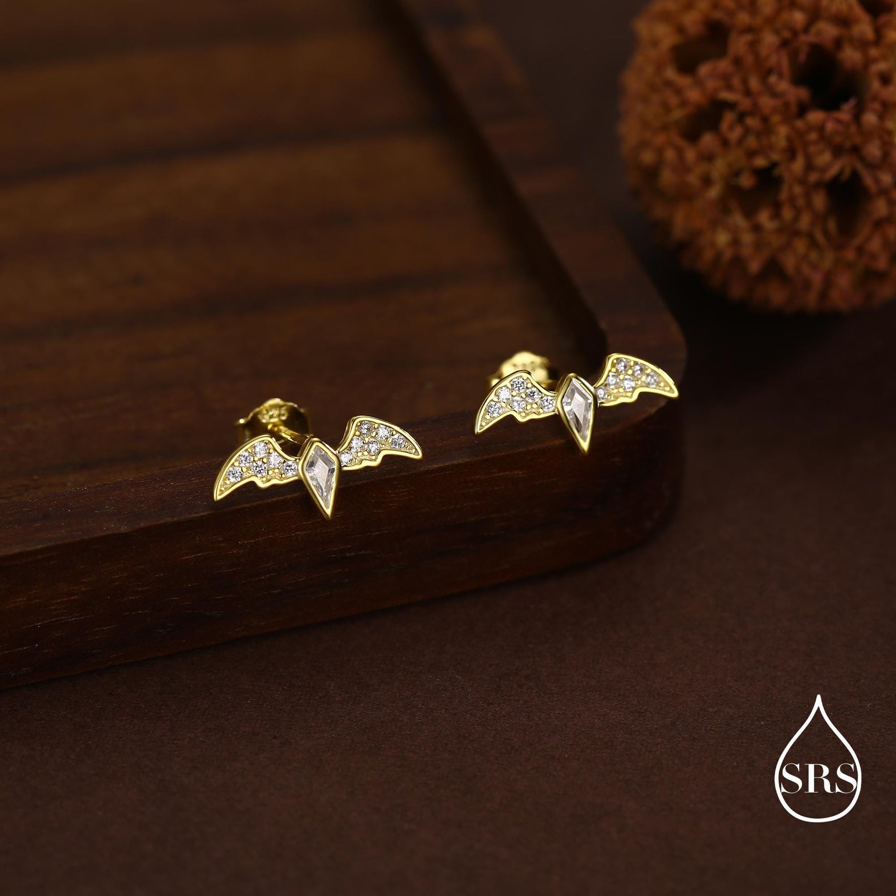 CZ Crystal Bat Stud Earrings in Sterling Silver, Silver or Gold, Rhombus Bat Earrings, Stacking Earrings, Animal Earrings