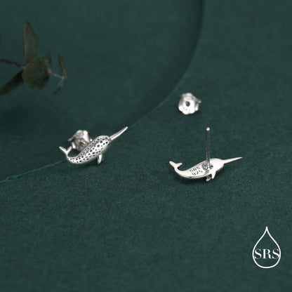 Tiny Narwhal Unicorn Whale Stud Earrings in Sterling Silver, Gift for Her, Animal Lover, Nature Inspired, Nautical Ocean