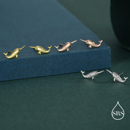 Tiny Narwhal Unicorn Whale Stud Earrings in Sterling Silver, Gift for Her, Animal Lover, Nature Inspired, Nautical Ocean