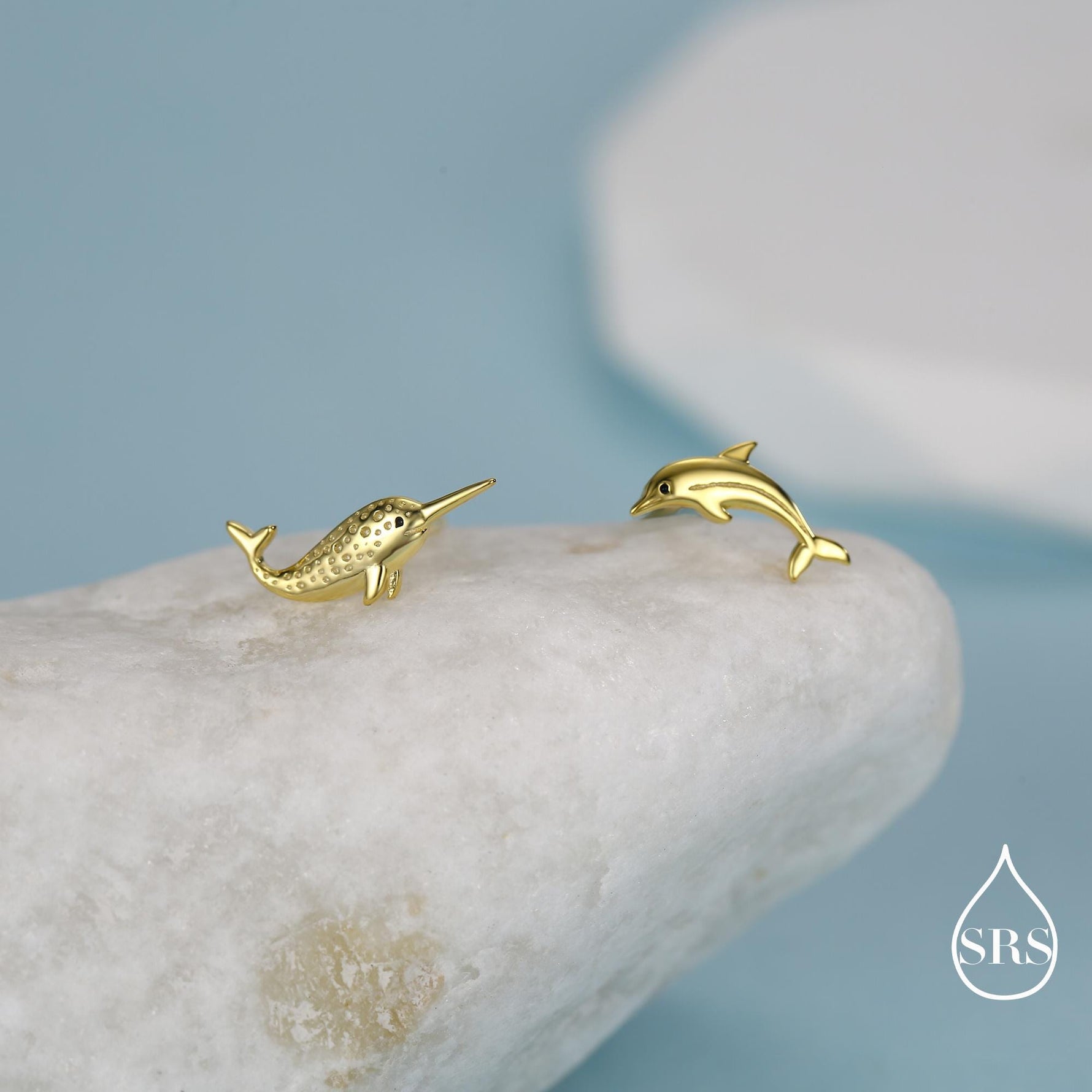 Mismatched Narwhal Unicorn Whale and Dolphin Stud Earrings in Sterling Silver