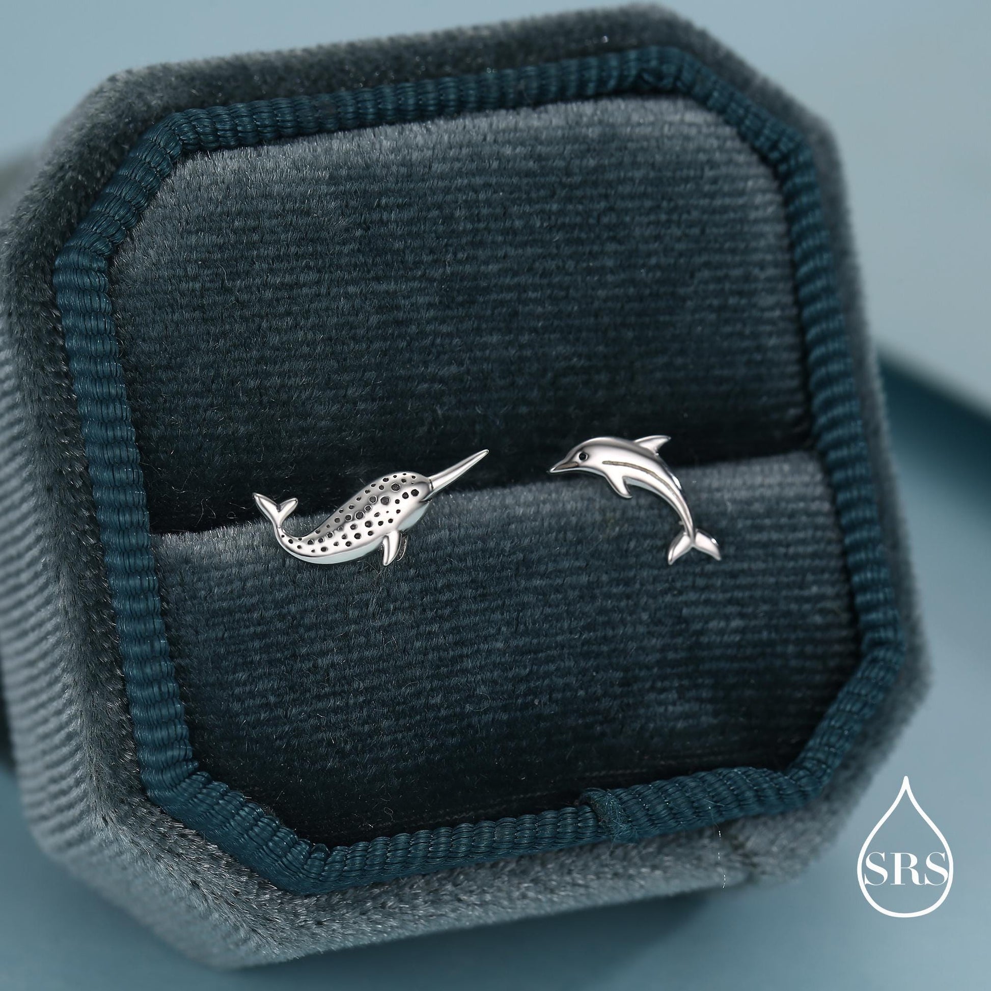 Mismatched Narwhal Unicorn Whale and Dolphin Stud Earrings in Sterling Silver