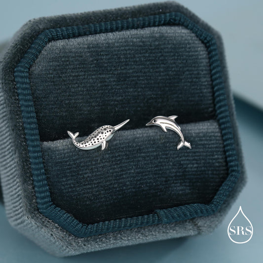 Mismatched Narwhal Unicorn Whale and Dolphin Stud Earrings in Sterling Silver