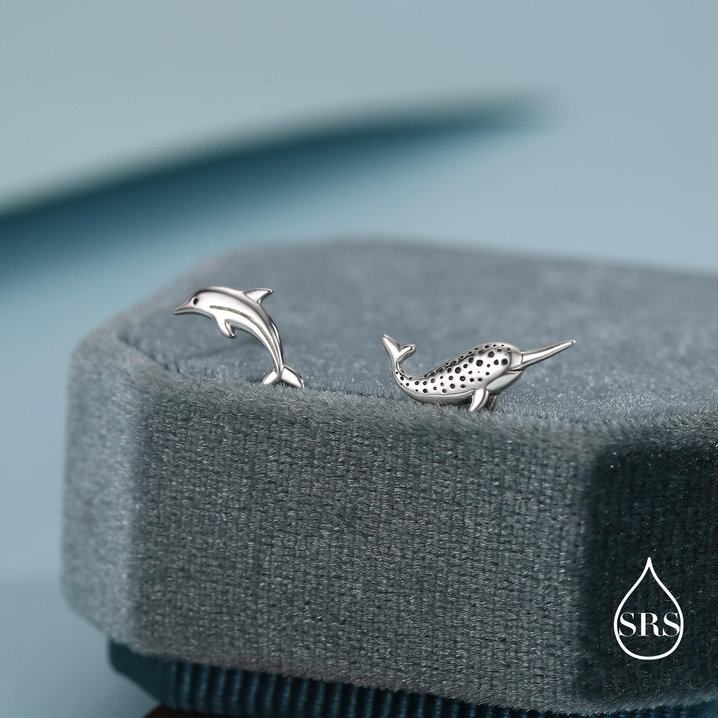 Mismatched Narwhal Unicorn Whale and Dolphin Stud Earrings in Sterling Silver