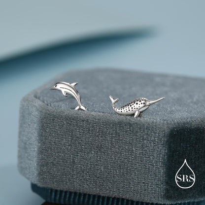 Mismatched Narwhal Unicorn Whale and Dolphin Stud Earrings in Sterling Silver