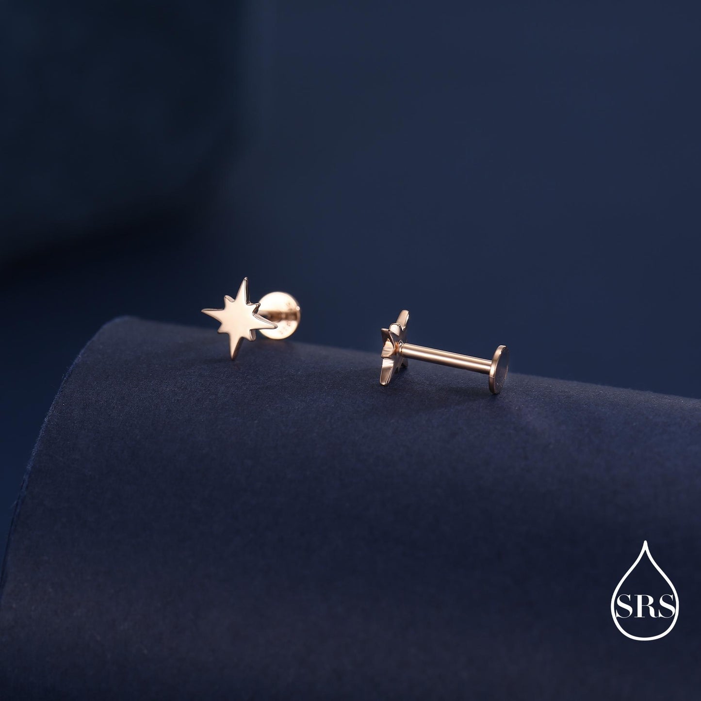 16G Starburst Internally Threaded 8mm Flat Back Earrings in Sterling Silver (sold as a pair)