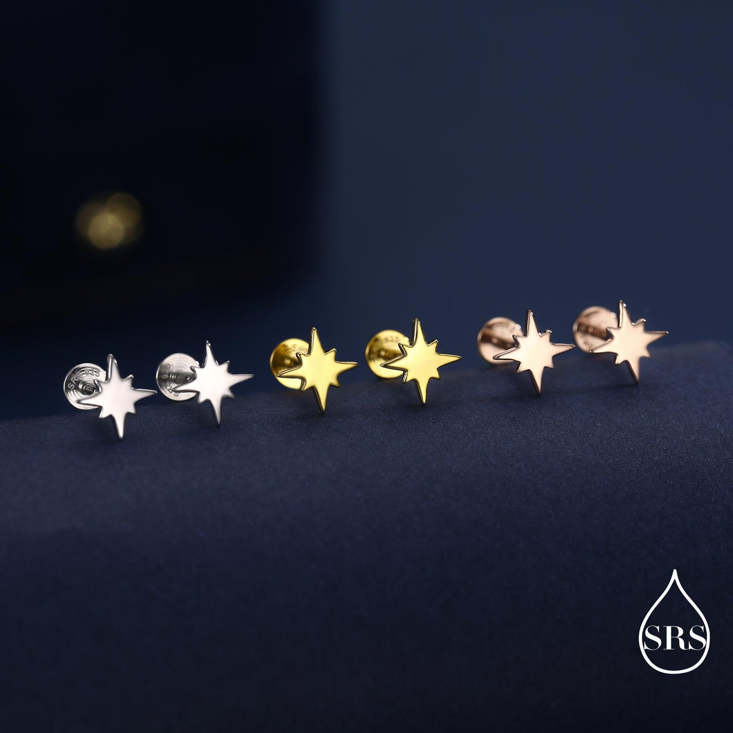 16G Starburst Internally Threaded 8mm Flat Back Earrings in Sterling Silver (sold as a pair)