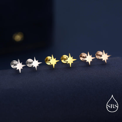 16G Starburst Internally Threaded 8mm Flat Back Earrings in Sterling Silver (sold as a pair)