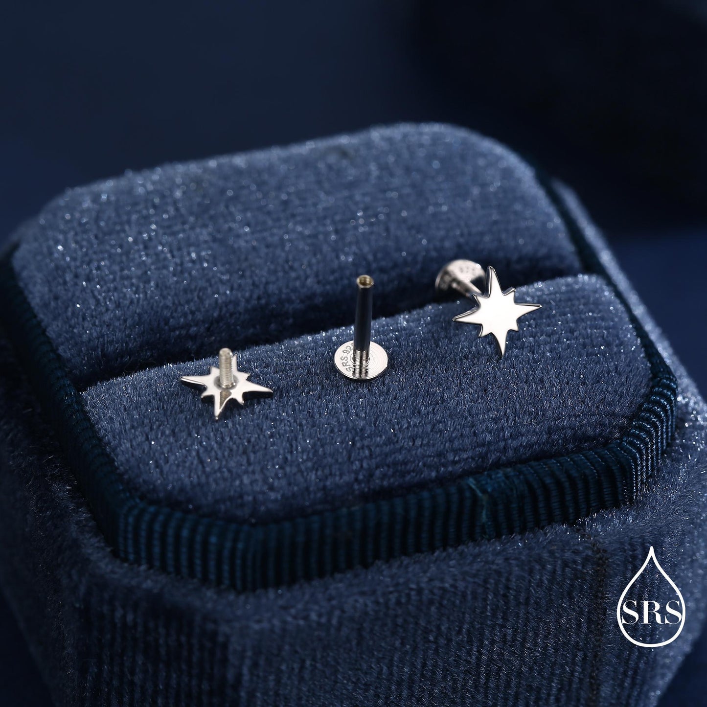 16G Starburst Internally Threaded 8mm Flat Back Earrings in Sterling Silver (sold as a pair)