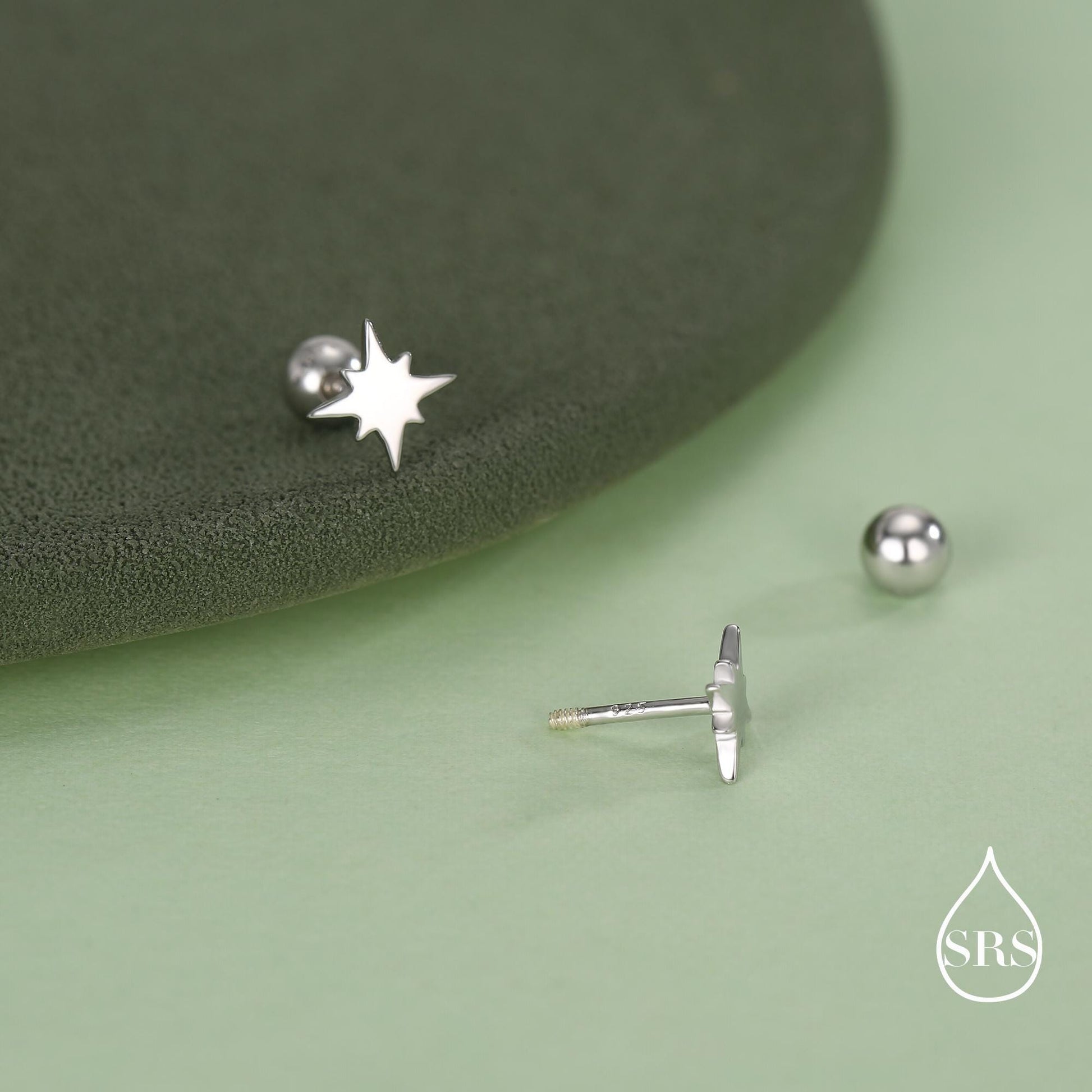Starburst Screw Back Earrings in Sterling Silver, Tiny Star Barbell Earrings