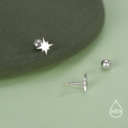 Starburst Screw Back Earrings in Sterling Silver, Tiny Star Barbell Earrings