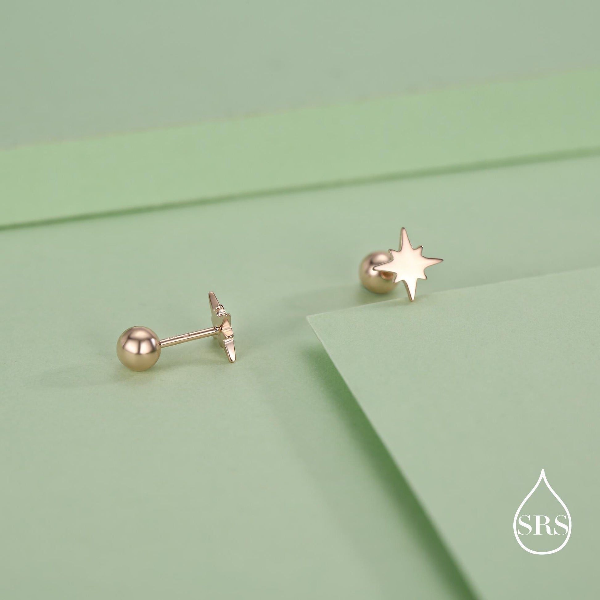 Starburst Screw Back Earrings in Sterling Silver, Tiny Star Barbell Earrings