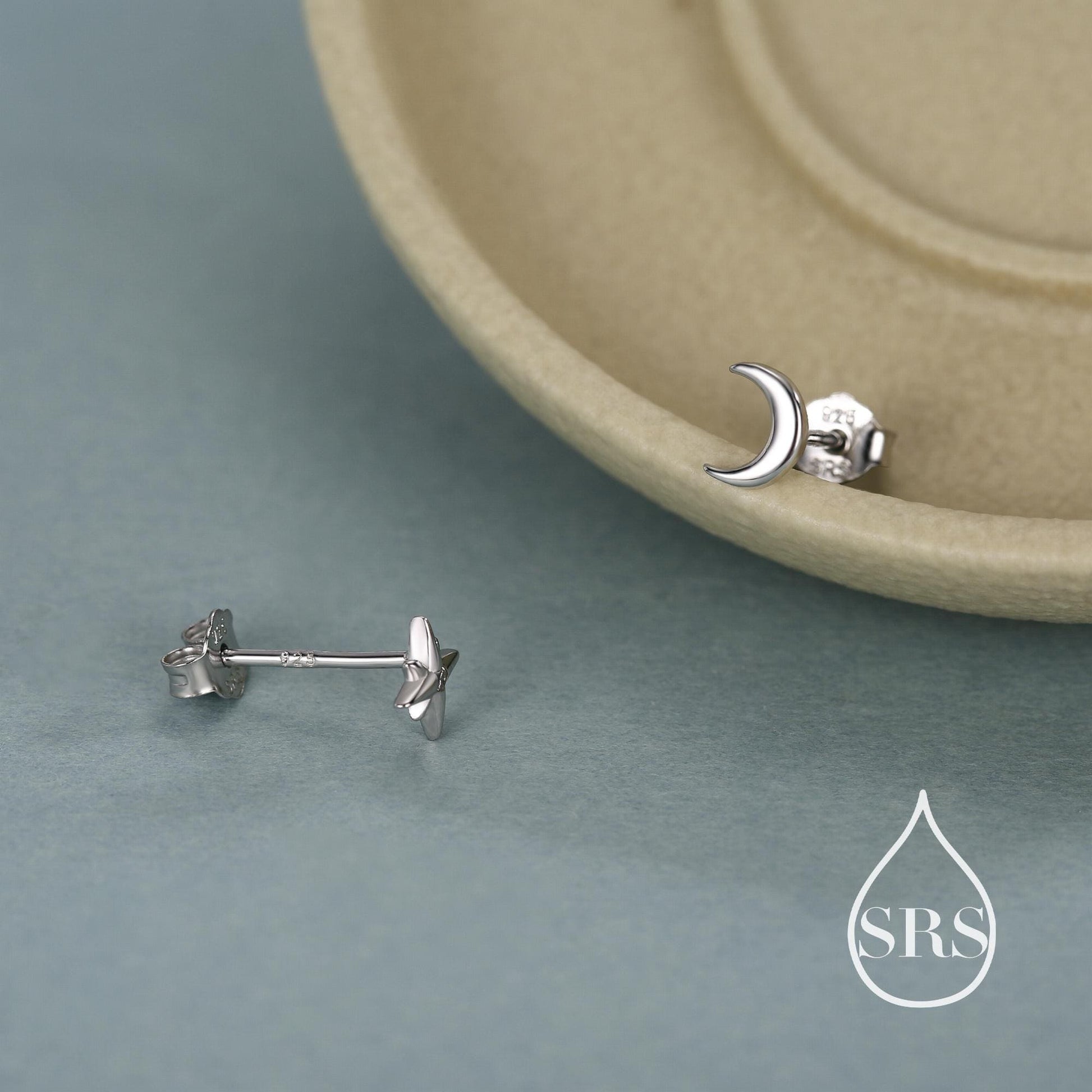 Mismatched Starburst and Moon Stud Earrings in Sterling Silver, Silver or Gold or Rose Gold, Asymmetric CZ Star and Crescent Moon Earrings