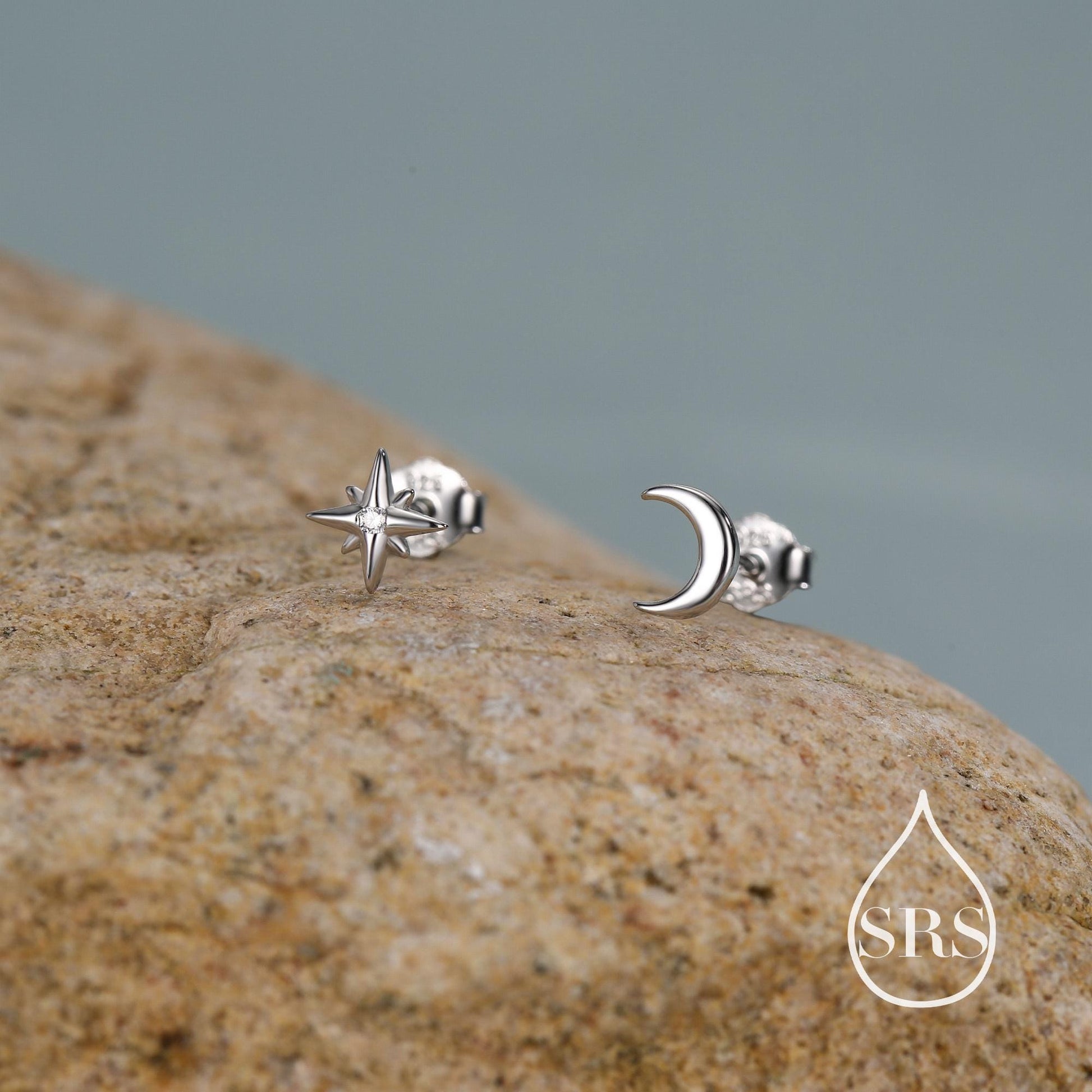 Mismatched Starburst and Moon Stud Earrings in Sterling Silver, Silver or Gold or Rose Gold, Asymmetric CZ Star and Crescent Moon Earrings