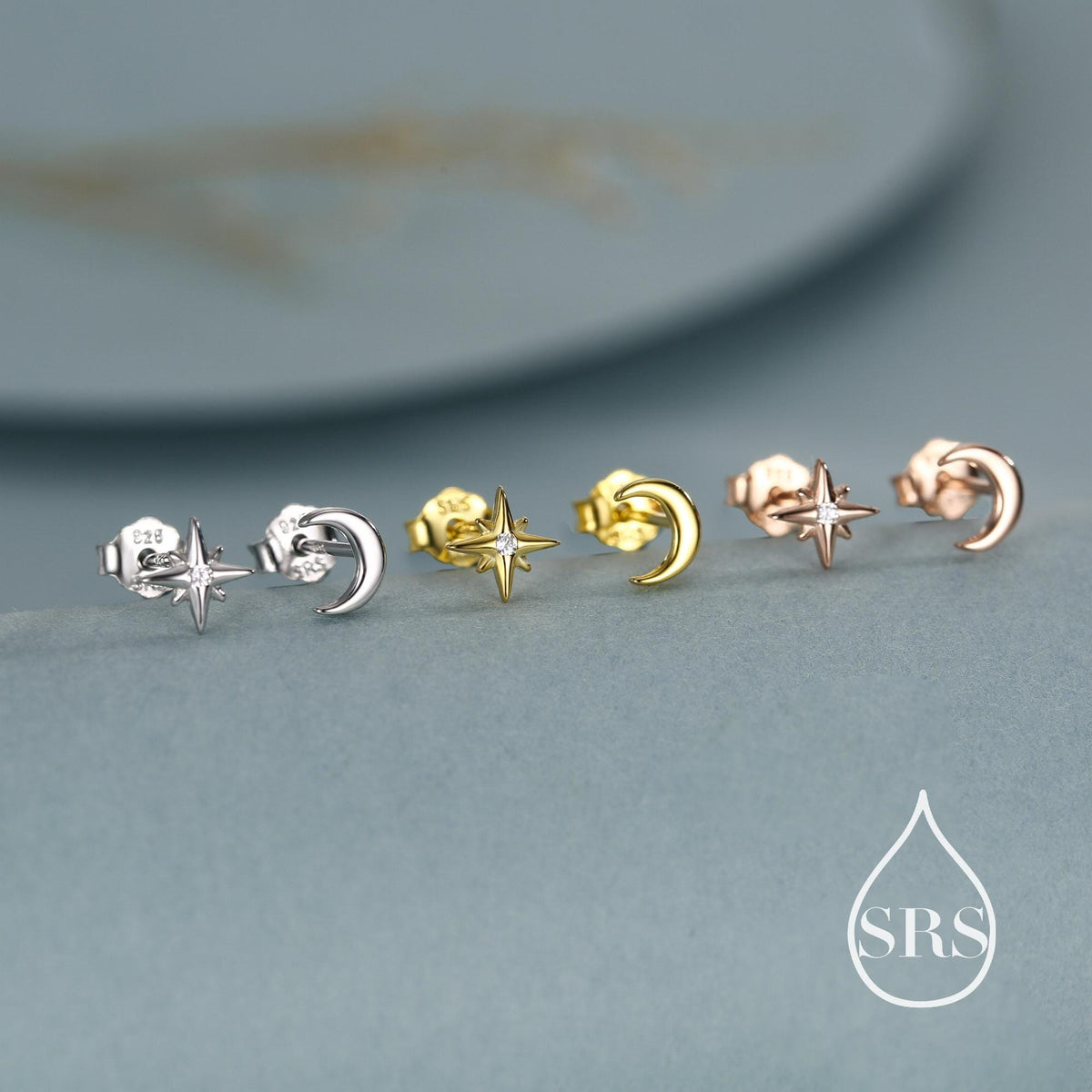 Mismatched Starburst and Moon Stud Earrings in Sterling Silver, Silver or Gold or Rose Gold, Asymmetric CZ Star and Crescent Moon Earrings
