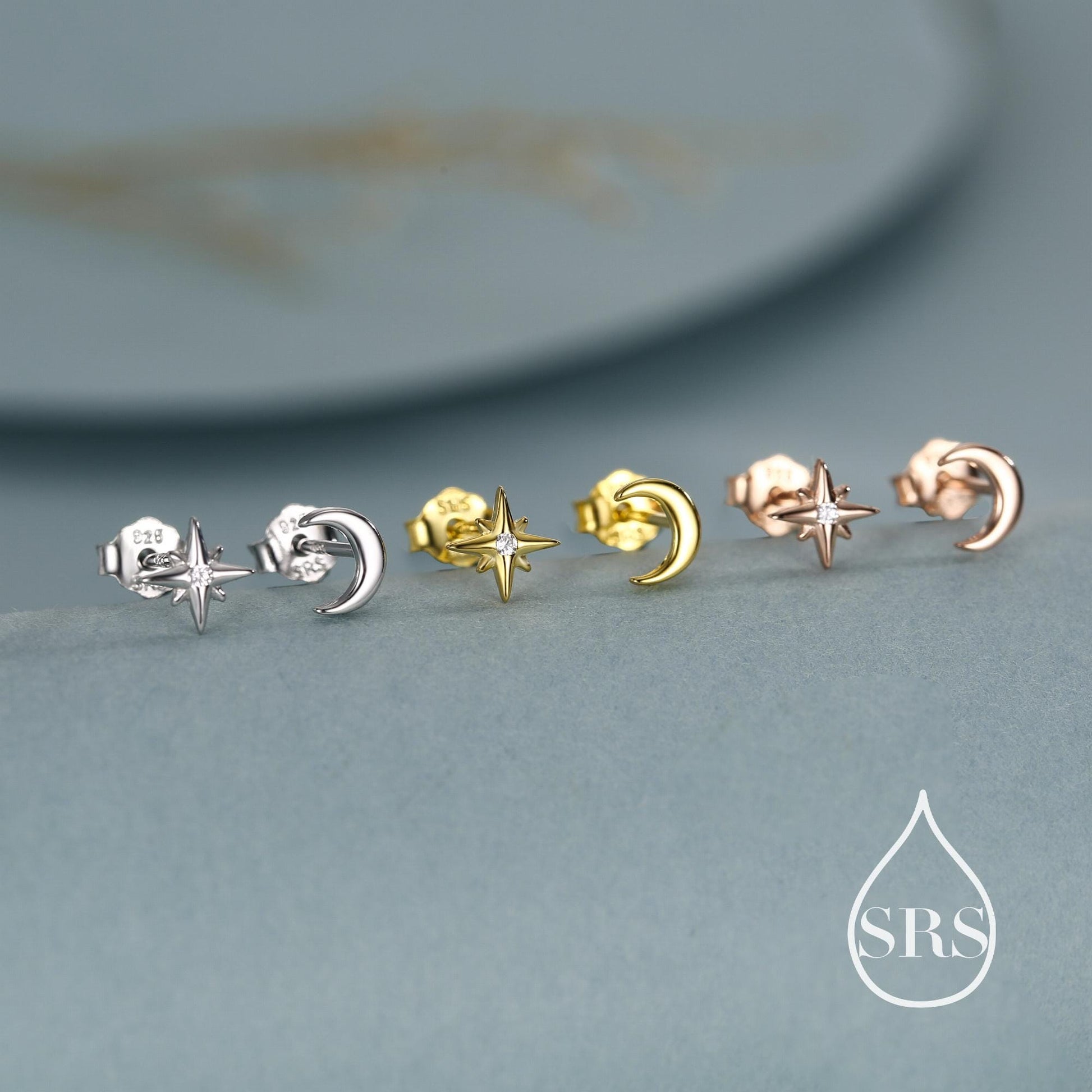 Mismatched Starburst and Moon Stud Earrings in Sterling Silver, Silver or Gold or Rose Gold, Asymmetric CZ Star and Crescent Moon Earrings